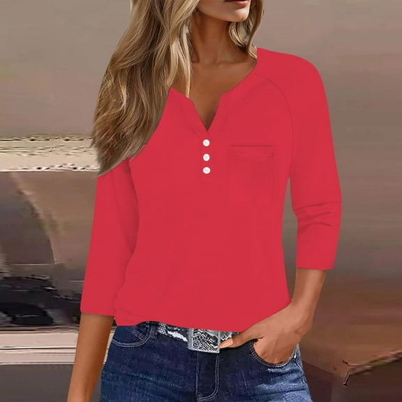 Womens Summer Tops Casual Seven Sleeve V Neck Button Down Tops with Pocket Loose Fit Blouse for Daily Wear Shirts for Women