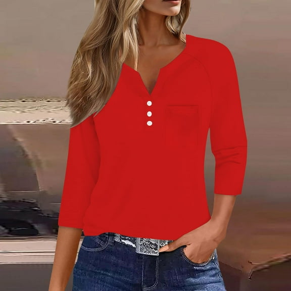 Womens Summer Tops Casual Seven Sleeve V Neck Button Down Tops with Pocket Loose Fit Blouse for Daily Wear Shirts for Women