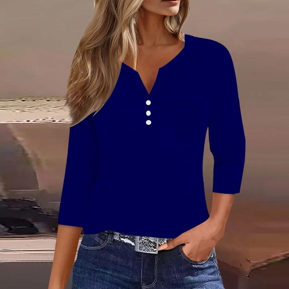 Womens Summer Tops Casual Seven Sleeve V Neck Button Down Tops with Pocket Loose Fit Blouse for Daily Wear Shirts for Women
