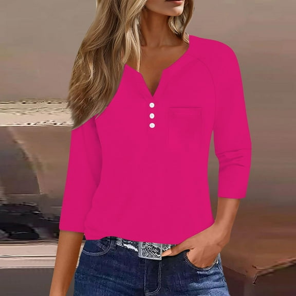 Womens Summer Tops Casual Seven Sleeve V Neck Button Down Tops with Pocket Loose Fit Blouse for Daily Wear Shirts for Women