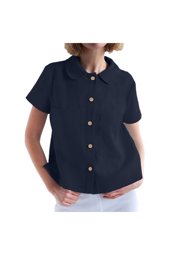 Womens Summer Tops Casual Short Sleeve Button Down Shirt Fashion Double Pocket Cute Doll Collar Buckle Blouse Top