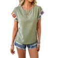 thumbnail image 1 of Womens Summer Tops Casual Short Sleeve T Shirts Crewneck Boho Crochet Floral Print Blouses Green L, 1 of 9