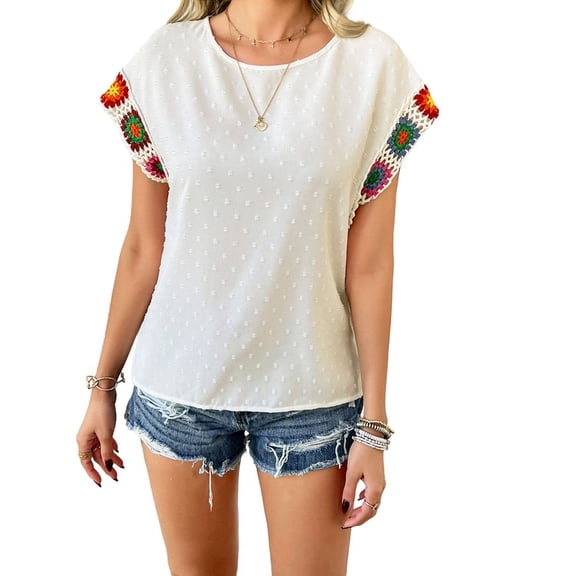 Womens Summer Tops Casual Short Sleeve T Shirts Crewneck Boho Crochet Floral Print Blouses White XL