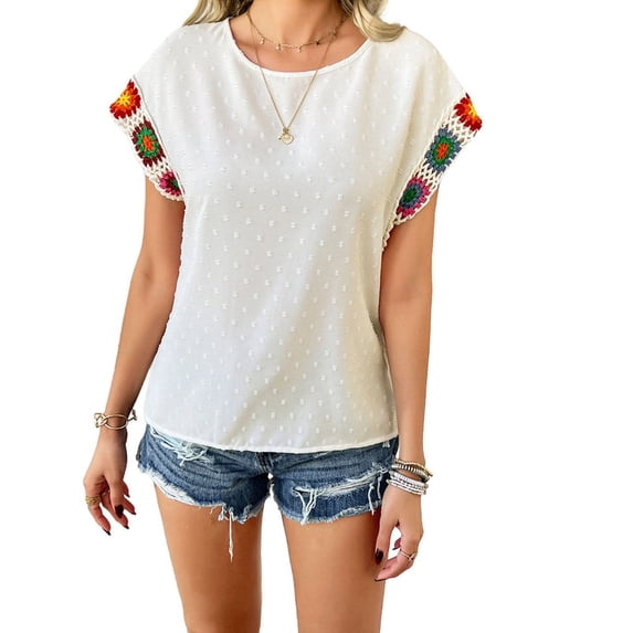 Womens Summer Tops Casual Short Sleeve T Shirts Crewneck Boho Crochet Floral Print Blouses White XL
