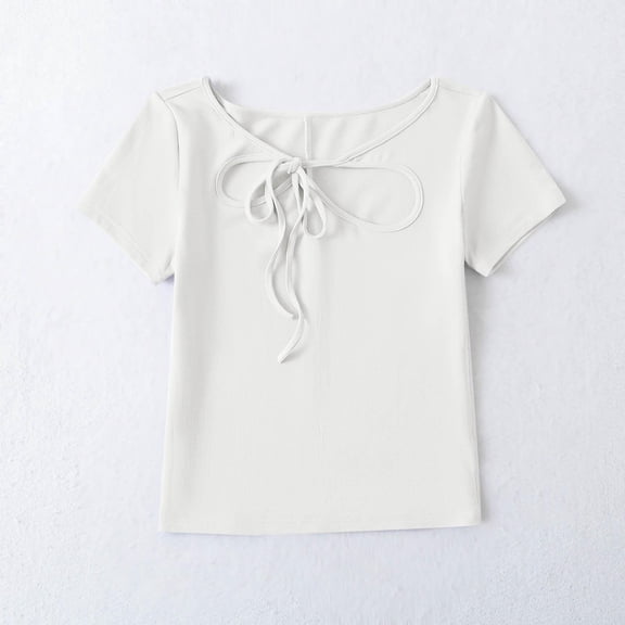 Womens Summer Tops Casual Solid Color Short Sleeve Round-Neck Workout Tops White Tee Shirts S-L