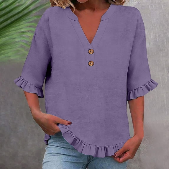 Womens Summer Tops Casual Spring Tee Solid Color Half Sleeve V-Neck Y2K Loose T-Shirts