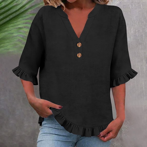 Womens Summer Tops Casual Spring Tee Solid Color Half Sleeve V-Neck Y2K Loose T-Shirts