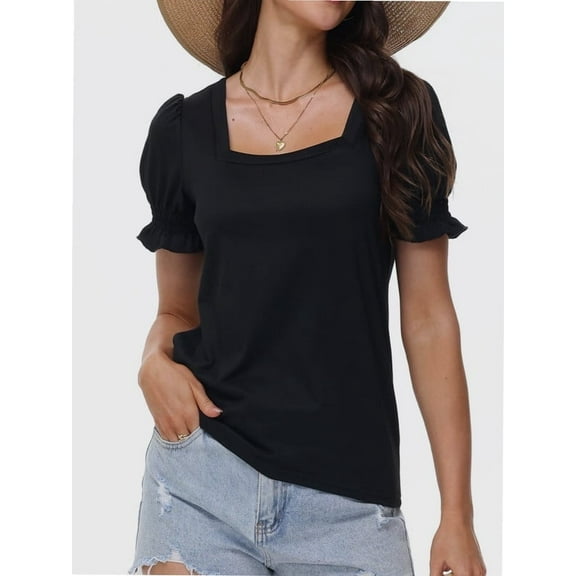 Womens Summer Tops Casual Square Neck Short Sleeve T Shirts