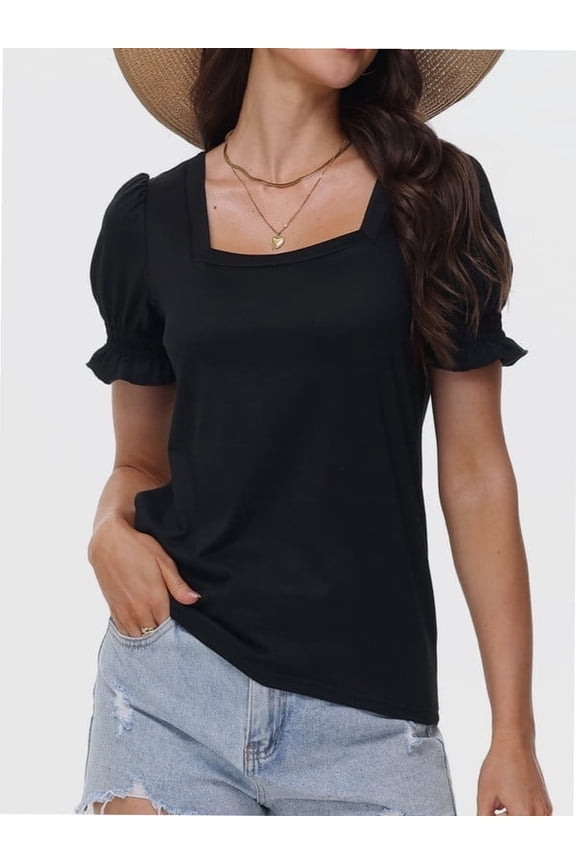 Womens Summer Tops Casual Square Neck Short Sleeve T Shirts