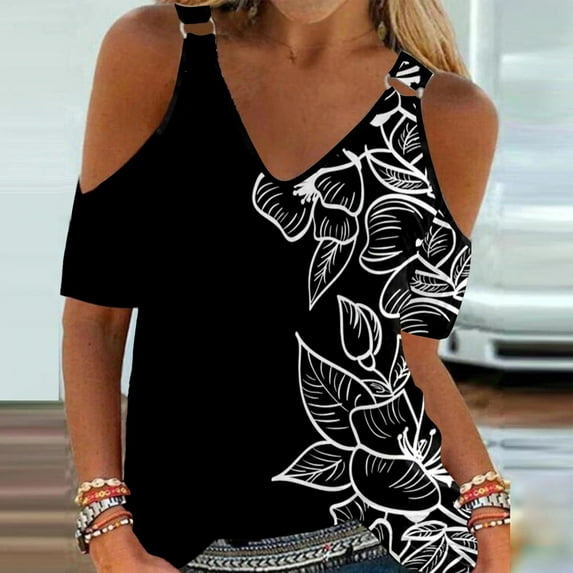 Womens Summer Tops Casual Summer Off Shoulder V Neck Positioning Print Short Sleeve TShirt Top Womens Tops Dressy Casual