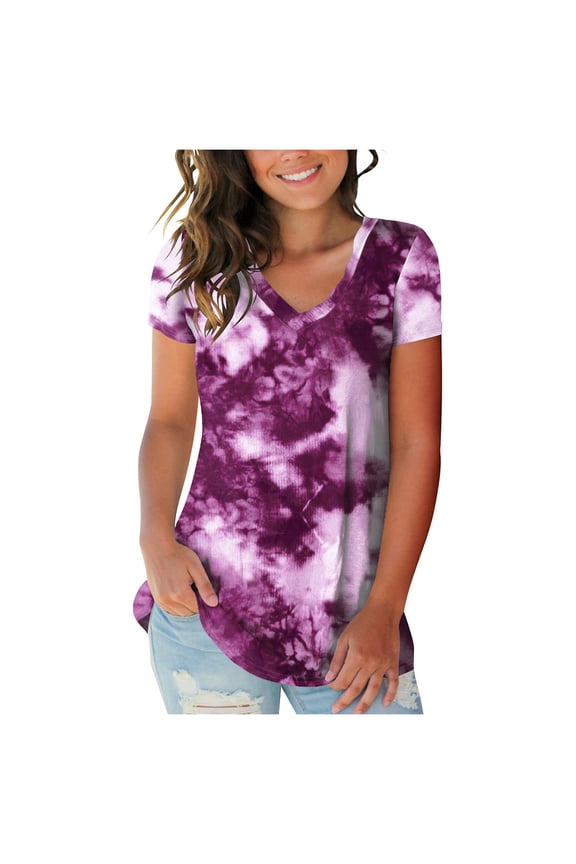 Womens Summer Tops Casual Tie Dye Print V-Neck Short Sleeve T-Shirt Top Plus Size Blouse
