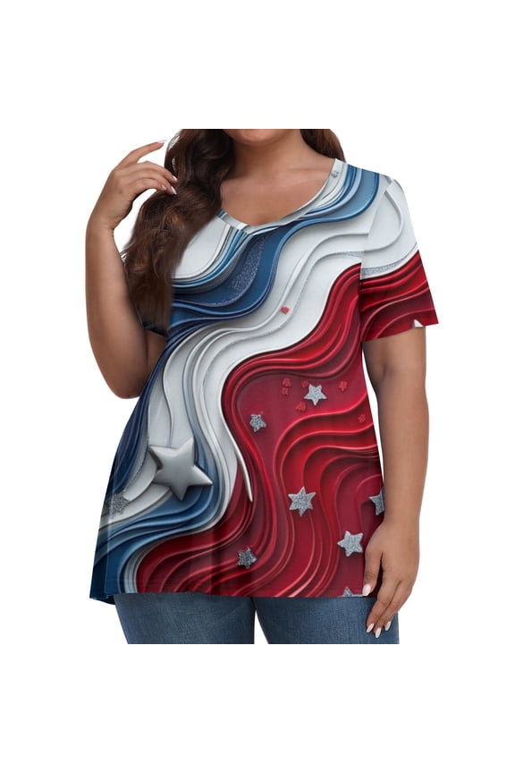 Womens Summer Tops, Casual V Neck Pullover Short Sleeve Plus Size 4Th Of July Printed Tshirt Workout Long Tops For Women 3/4 Tops Tank Blouses Dressy Casual Tops Bustier (4XL, Deep Red) ZMTing