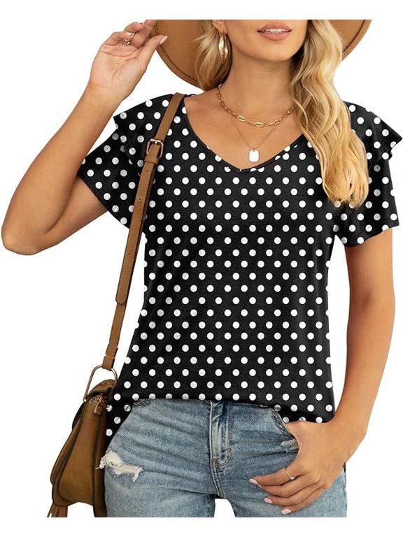 Womens Summer Tops Casual V Neck Ruffle Short Sleeve T Shirts Loose Fit Blouses- 3XL