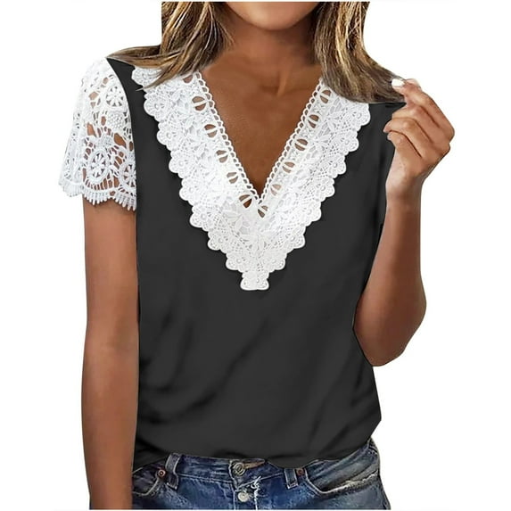 Womens Summer Tops Casual V Neck T Shirts Cute Lace Crochet Short Sleeve Shirts Loose Fit Lightweight Ladies Blouse