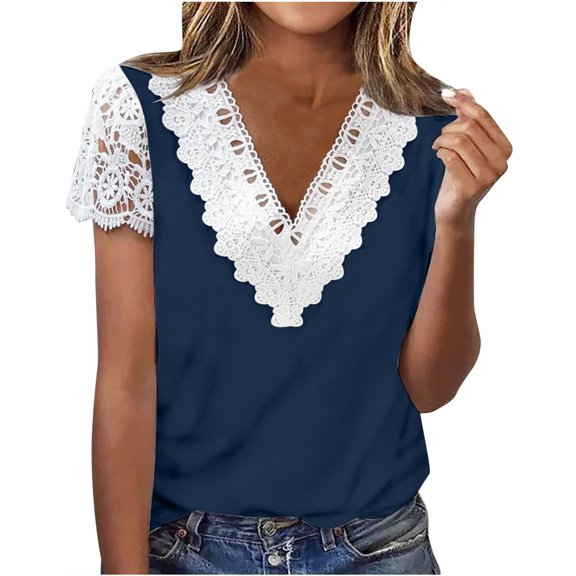 Womens Summer Tops Casual V Neck T Shirts Cute Lace Crochet Short Sleeve Shirts Loose Fit Lightweight Ladies Blouse