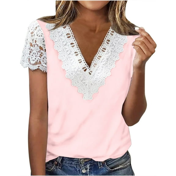 Womens Summer Tops Casual V Neck T Shirts Cute Lace Crochet Short Sleeve Shirts Loose Fit Lightweight Ladies Blouse
