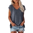 thumbnail image 1 of Womens Summer Tops Casual V Neck T Shirts Loose Fit Short Sleeve Shirts Comfy Roll Sleeve Going Out Tops Grey M, 1 of 9