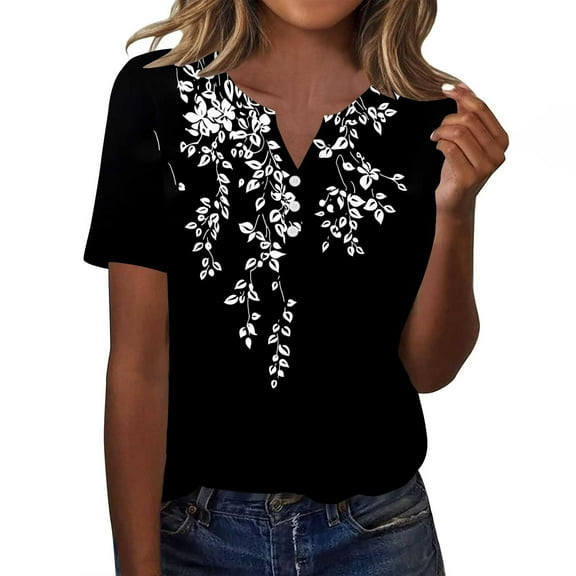 Womens Summer Tops Casual V-neck T-shirts Fashion Printed Shirts Loose Summer Short Sleeve Blouses Pullover Top 06#Multicolor XL