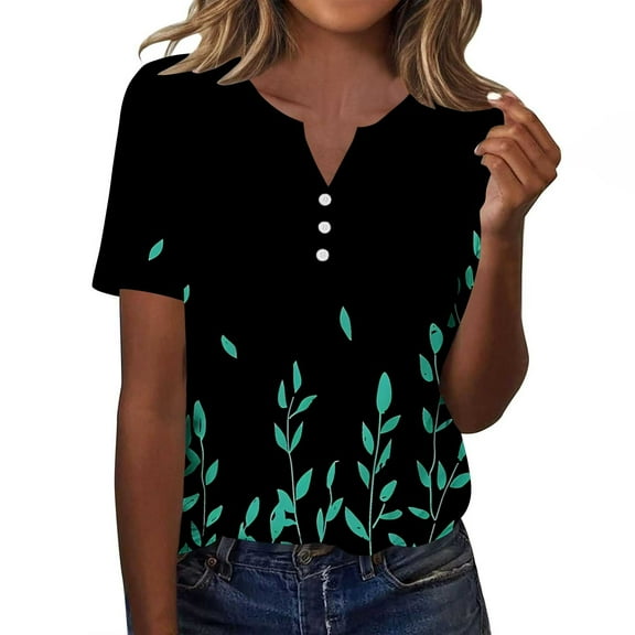 Womens Summer Tops Casual V-neck T-shirts Fashion Printed Shirts Loose Summer Short Sleeve Blouses Pullover Top 13#Multicolor S