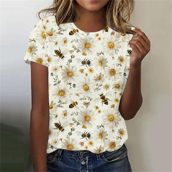 Womens Summer Tops under $5! Xqxayjr Cute Bee Graphic Shirts for Womens Short Sleeve Dressy Casual Fashion Comfy Blouse Loose Fit Summer Crew Neck Basic Tunics Outfits