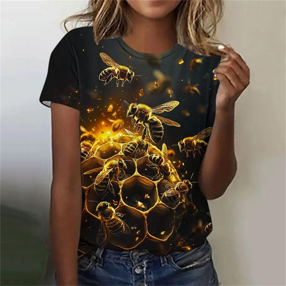 Womens Summer Tops under $5! Xqxayjr Cute Bee Graphic T Shirts for Women Dressy Casual Short Sleeve Summer Fashion Comfy Tee Shirts Loose Fit Crew Neck Basic Blouse Outfits Clothes