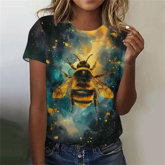 Womens Summer Tops under $5! Xqxayjr Cute Bee Graphic T Shirts for Womens Summer Crew Neck Short Sleeve Beach Vacation Blouses Dressy Casual Loose Fit Trendy T-shirts Outfits