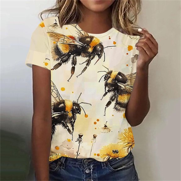 Womens Summer Tops under $5! Xqxayjr Cute Bee Graphic Tshirts Shirts for Women Short Sleeve Dressy Casual Crew Neck Basic Tunic Tops Summer Loose Fit Funny Holiday Tee Shirts Clothing