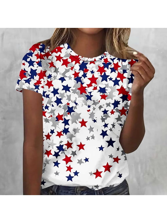 Womens Summer Tops under $5! Xqxayjr Fourth of July Shirts for Women American Flag Patriotic Shirt Short Sleeve Summer Tops Trendy Crewneck Independence Day 4th July Graphic Tees Top