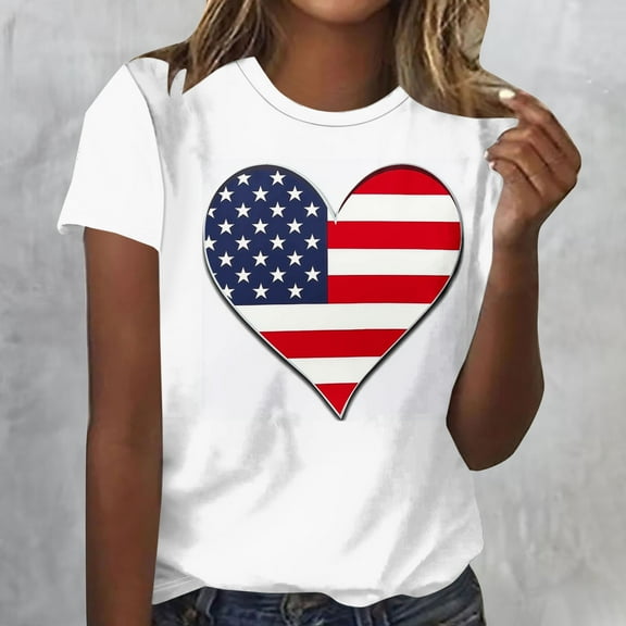 Womens Summer Tops under $5! Xqxayjr Fourth of July Shirts for Women American Flag Patriotic Shirt Short Sleeve Summer Tops Trendy Crewneck Independence Day 4th July Graphic Tees Top