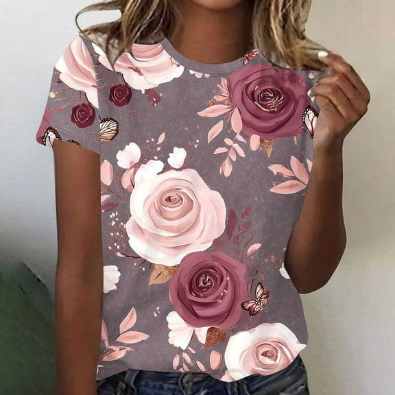 Womens Summer Tops under $5! Xqxayjr Short Sleeve Tops for Womens Round Neck Summer Floral Printed Boho Beach T-shirts Casual Loose Cute Vintage Tunic Tops Clothes