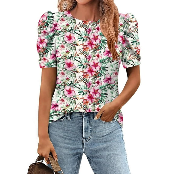 Womens Summer Tops under $5! Xqxayjr Women Summer Short Sleeve Shirts Floral Printed Puff Sleeve Dressy Casual Boho Beach Tunic Tops Fashion Crewneck Trendy Tee Shirts Clothes