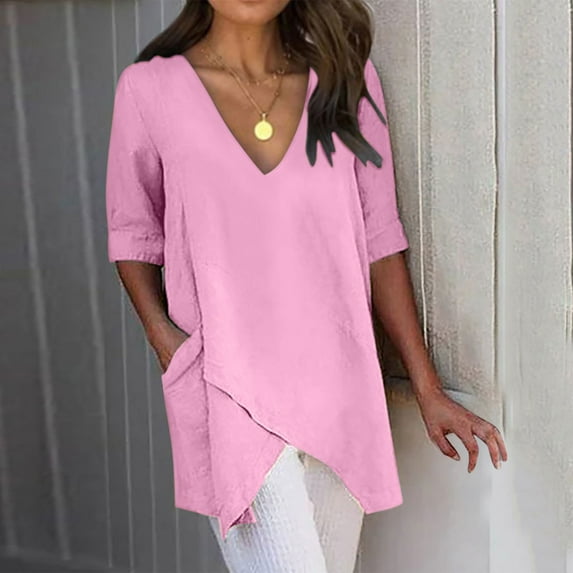 Womens Summer Tops Clearance,AXXD Summer Fashion Cropped Sleeves V-Neck Cotton Line Loose Shirt Blouse Pink 4