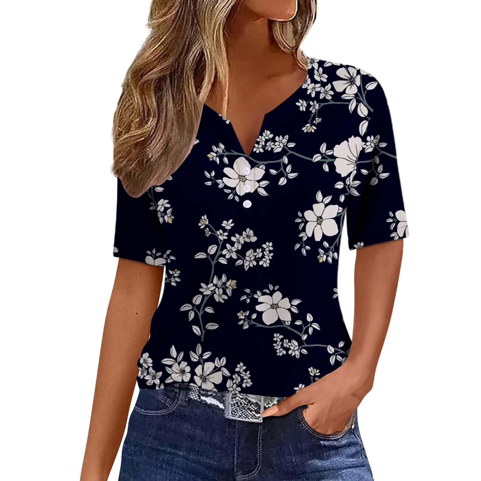 Womens Summer Tops Clearance Fashion Floral Print Funnel Neck T Shirt