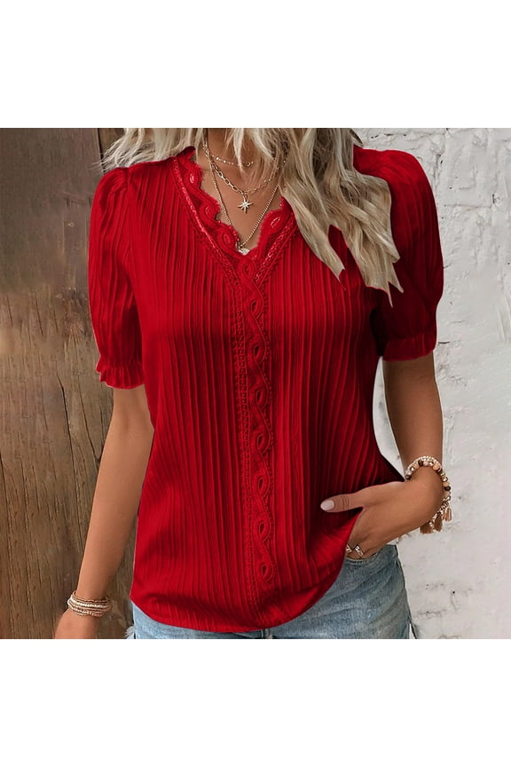 Womens Summer Tops Ozmmyan Fashion Women's Summer V-Neck Short Sleeve Lace Solid Casual T-shirt Blouse