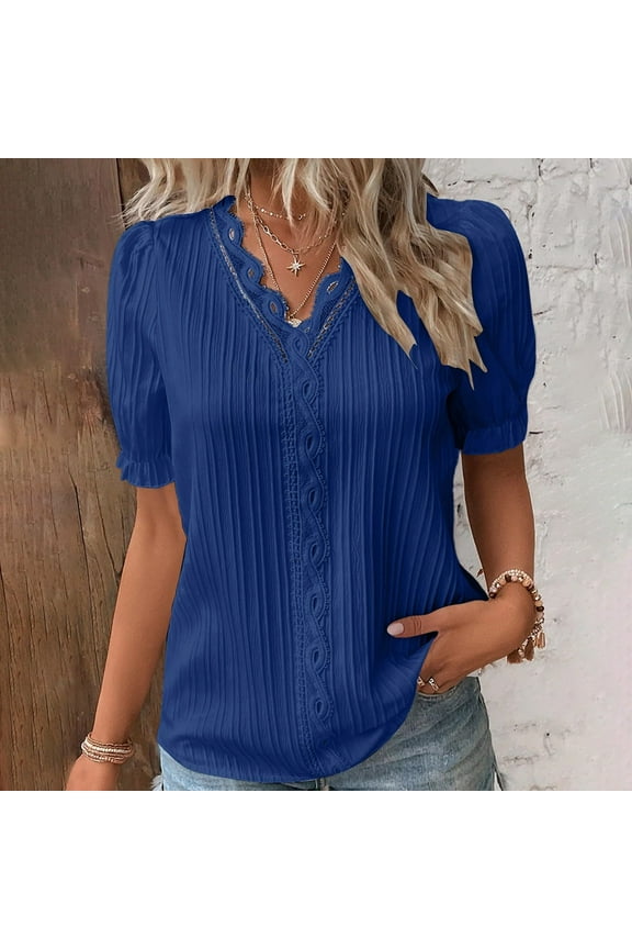 Womens Summer Tops Ozmmyan Fashion Women's Summer V-Neck Short Sleeve Lace Solid Casual T-shirt Blouse