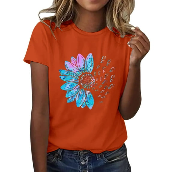 Womens Summer Tops Clearance Sunflower Print Loose Short Sleeve Blouses for Women