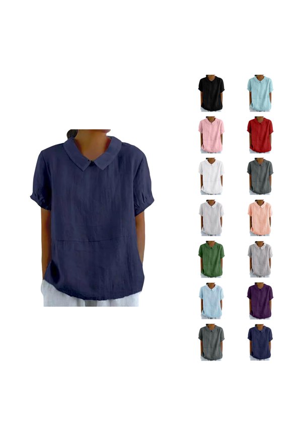 Womens Summer Tops Collared Short Sleeve Womens Blouses Hollow out Solid Casual Beach Shirt