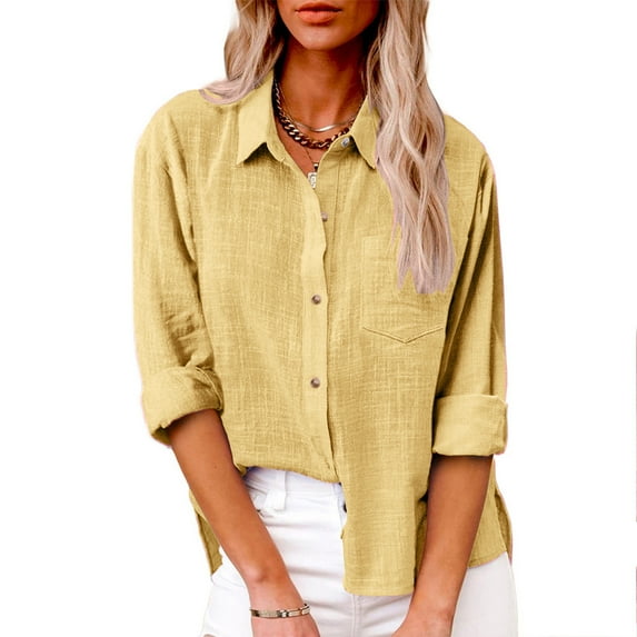 Womens Summer Tops Color Button Shirts V Neck Loose Oversize Blouse Longt Sleeve Casual Work Tunic Tops With Pocket