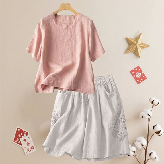 Womens Summer Tops Cotton Linen Short Sleeve T Shirt & Elastic Waist Shorts Set Breathable Summer Casual Two Piece Outfit for Beach & Daily Wear Shirts for Women
