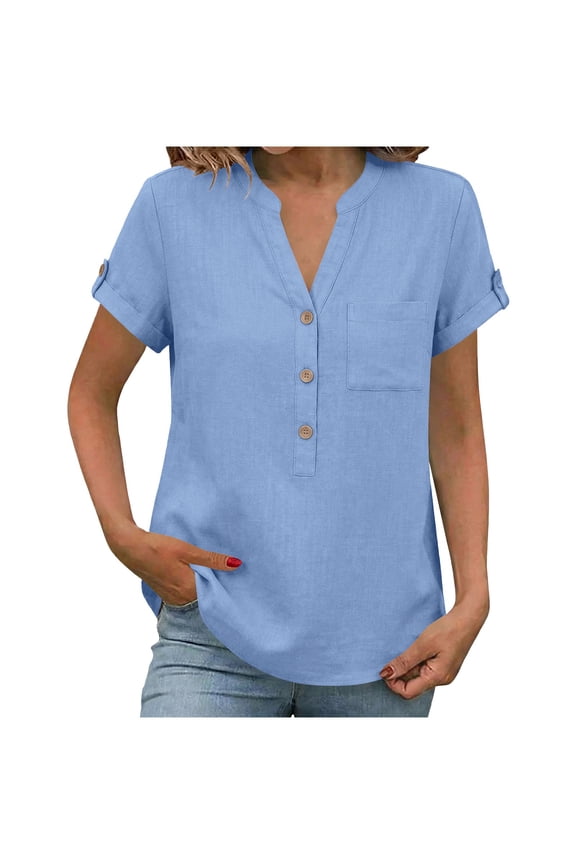 Womens Summer Tops Cotton Linen T-Shirt Button V Neck Roll Up Short Sleeve Tunic Top Henley Shirts Plain Lightweight Casual Blouse for Women Casual Smart Dressy Office Work Blouses Going Out Tops