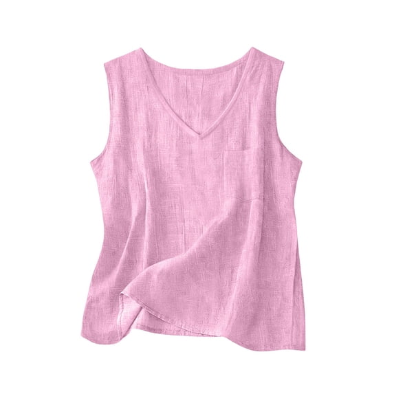 Womens Summer Tops Cotton Linen Tank Tops Causal V Neck Sleeveless Tshirts Blouse Loose Fit Shirt on Sale