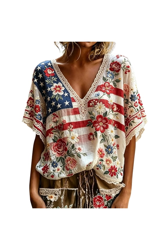 Womens Summer Tops Cotton T Shirts Women Graphic Tee Womens Patriotic Tops Casual Tops Usa Graphic Tee Fourth of July Shirts for Women 4th of July Shirts Women
