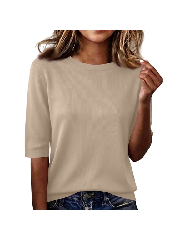 Womens Summer Tops Crew Neck 3/4 Sleeve Rib Texture Plain Tone Minimalist Casual Daily T-Shirts Khaki S
