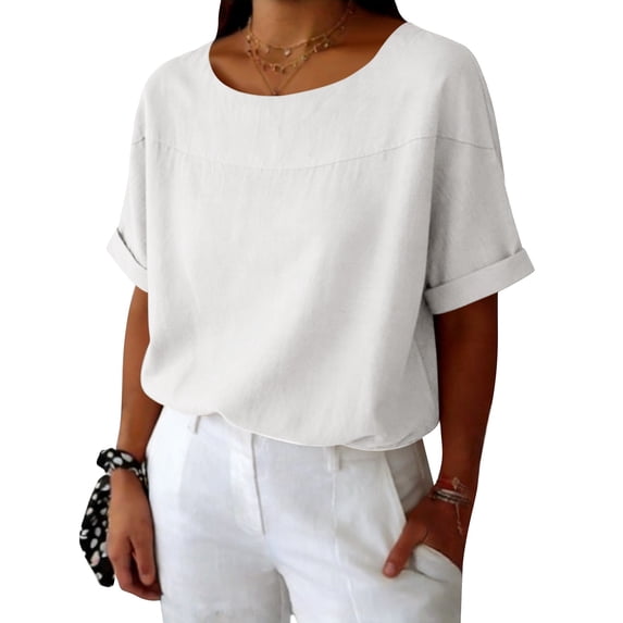 Womens Summer Tops Crew Neck Cotton Top Medium Sleeve T Shirt Loose Pullover