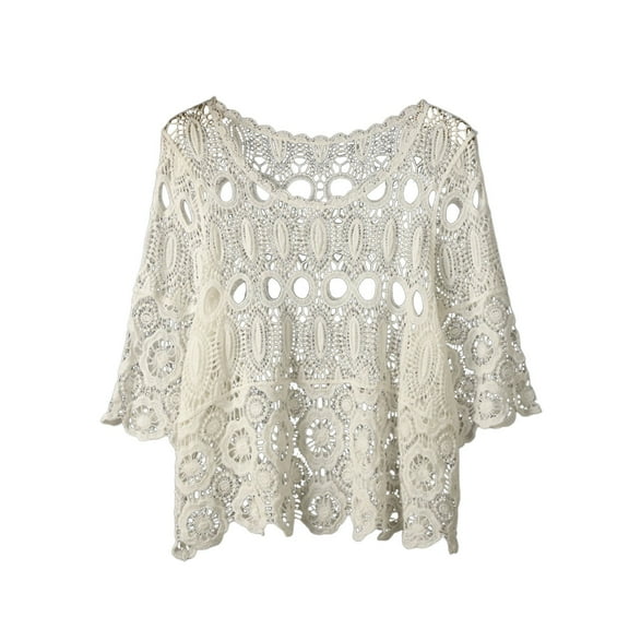 Womens Summer Tops Crew Neck Short Sleeve Sweater Crochet Hollow Out Knit Pullover Cover Up Womens Summer Clothes,White,One Size