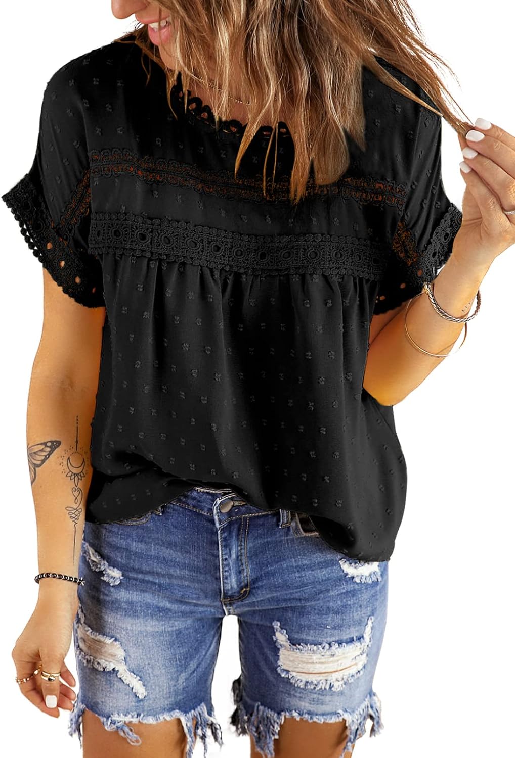Womens Summer Tops Crewneck Lace Crochet Short Sleeve Shirts Casual Chiffon Blouses