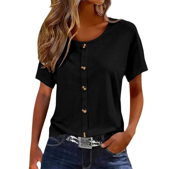 Womens Summer Tops Crewneck Short SLeeve Loose Fit Solid Colored Tees Button Down Spring Fashion ed T Shirts Trendy Clothing