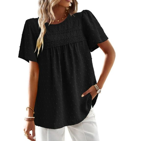 Womens Summer Tops Crewneck Short Sleeve Shirts Casual Chiffon Blouses Flowy Lace Hem Boho Clothing Trendy 2025 Black L