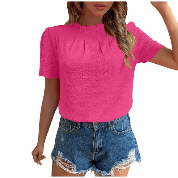 Womens Summer Tops Crewneck Short Sleeve T-Shirts Casual Ruched Tunic Tops