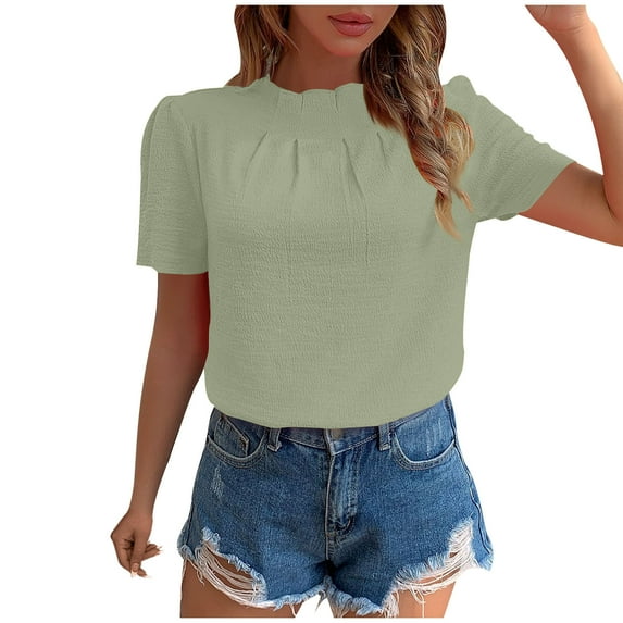 Womens Summer Tops Crewneck Short Sleeve T-Shirts Casual Ruched Tunic Tops